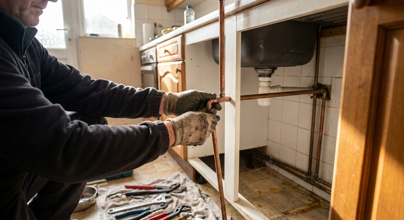 Professional plumber working on heating system